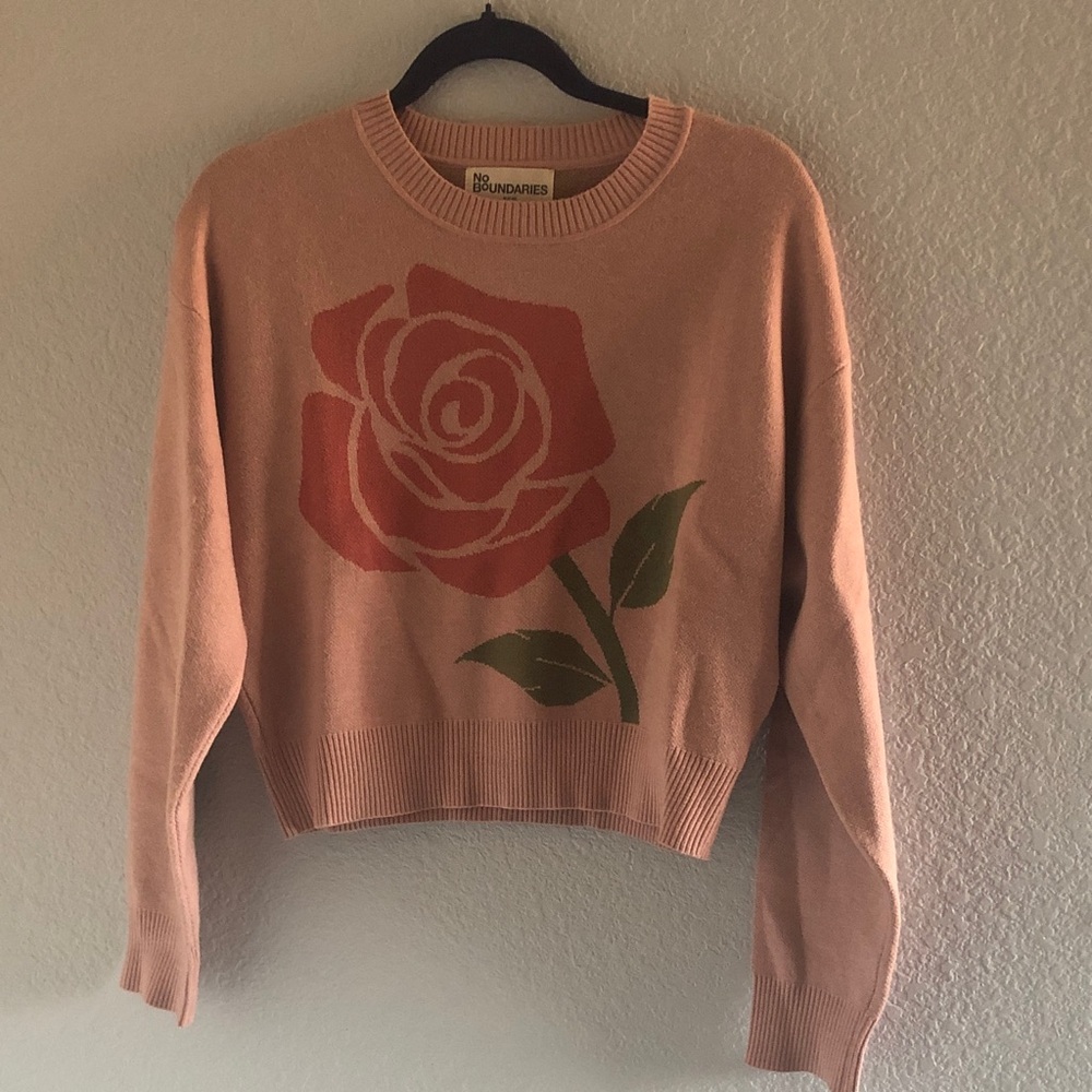 No Boundaries Rose Design Sweater - Pink and Green.  Size Medium.